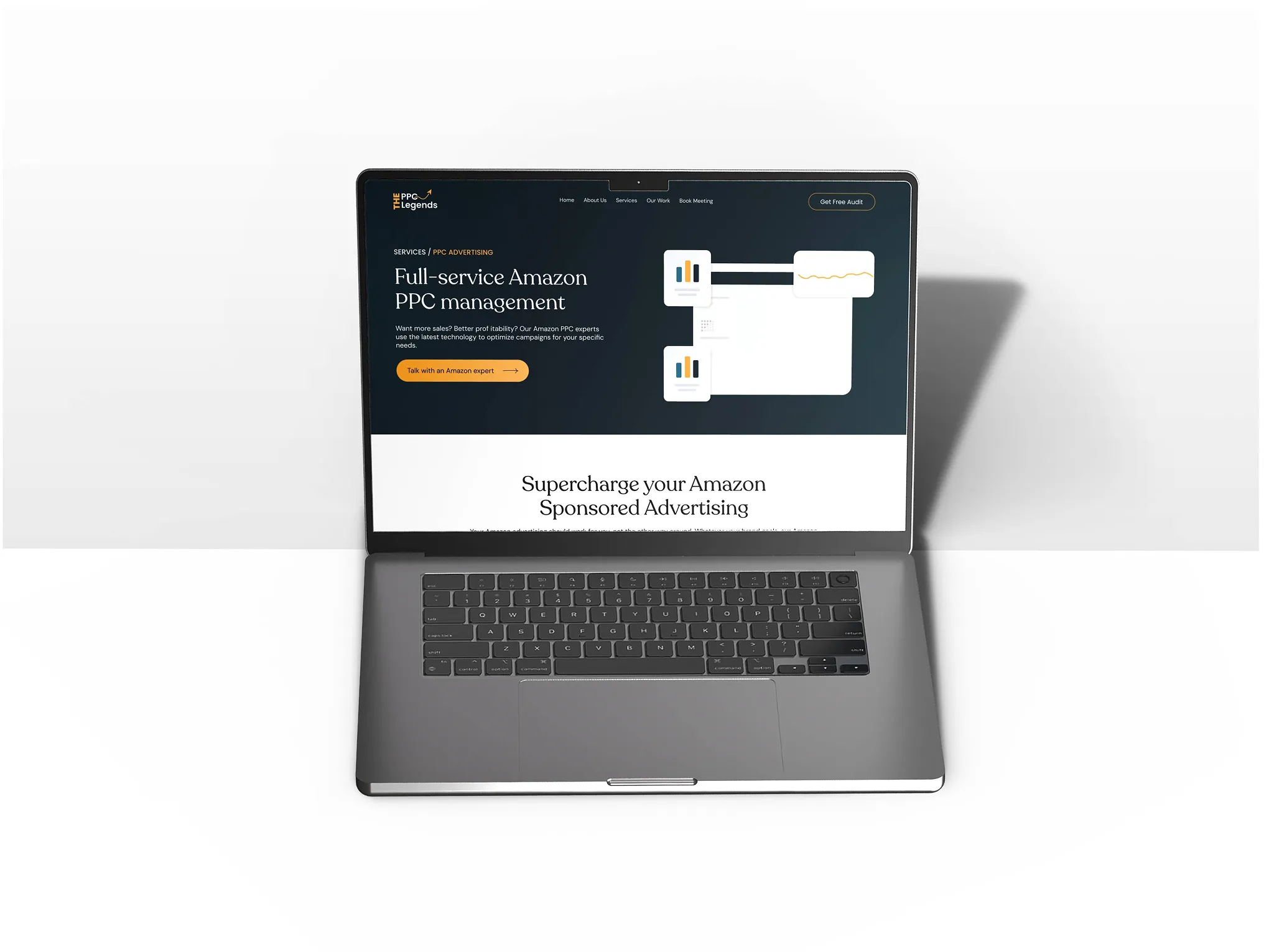 Amazon PPC management page design with the Supercharge your Amazon Sponsored Advertising section
