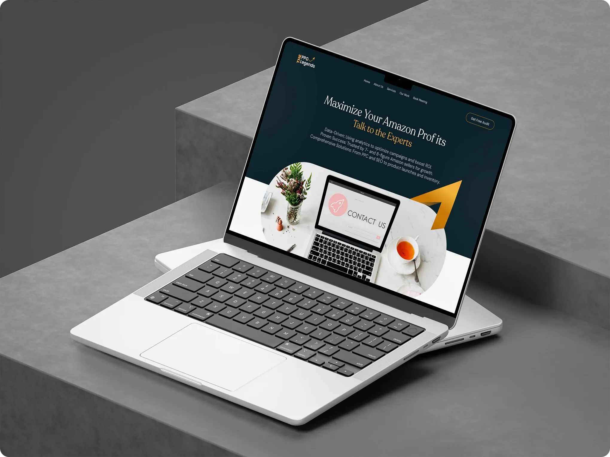 Laptop showing The PPC Legends contact page with the Maximize Your Amazon Profits, Talk to the Experts headline