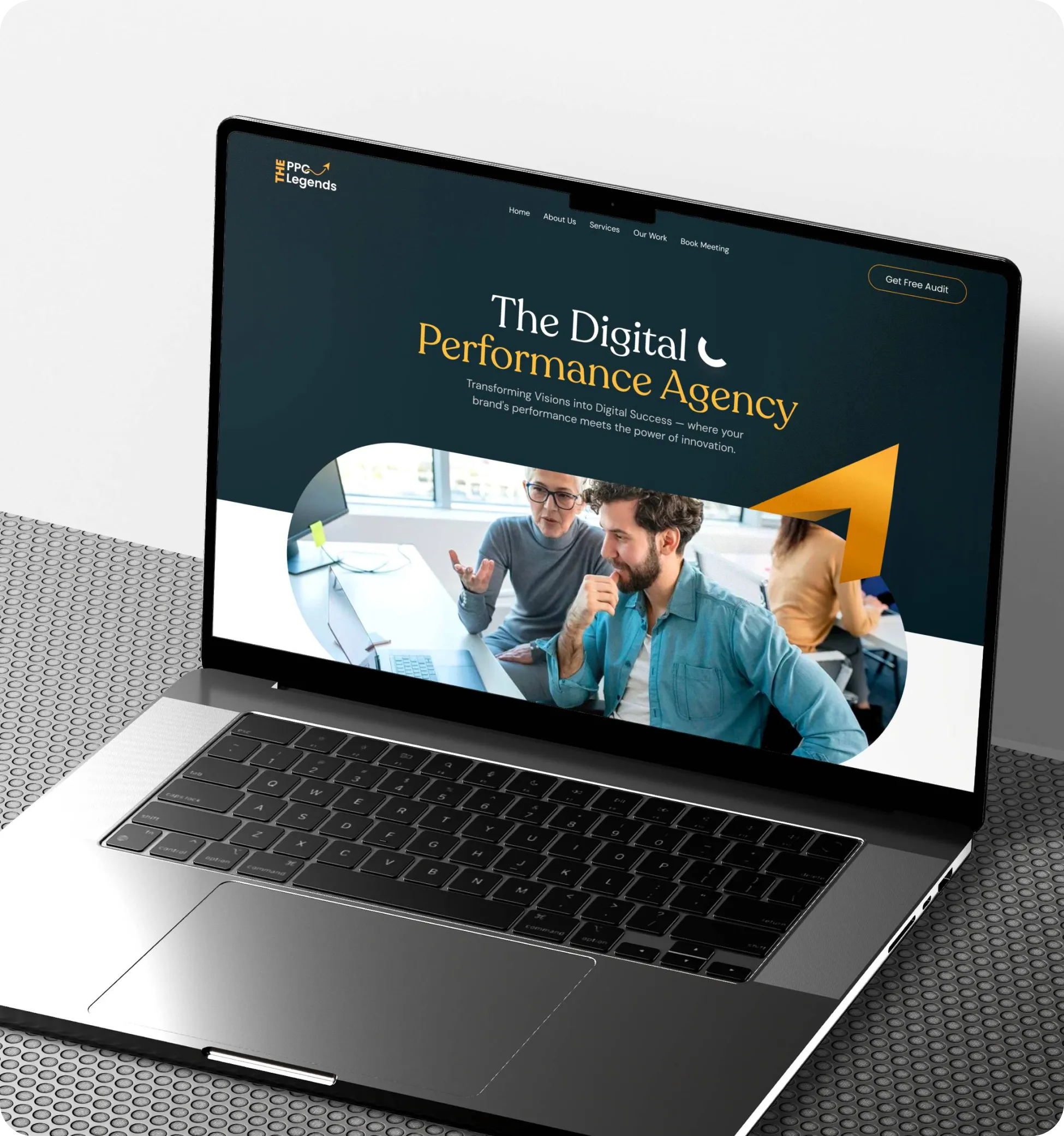 Laptop showing The PPC Legends homepage hero with The Digital Performance Agency headline