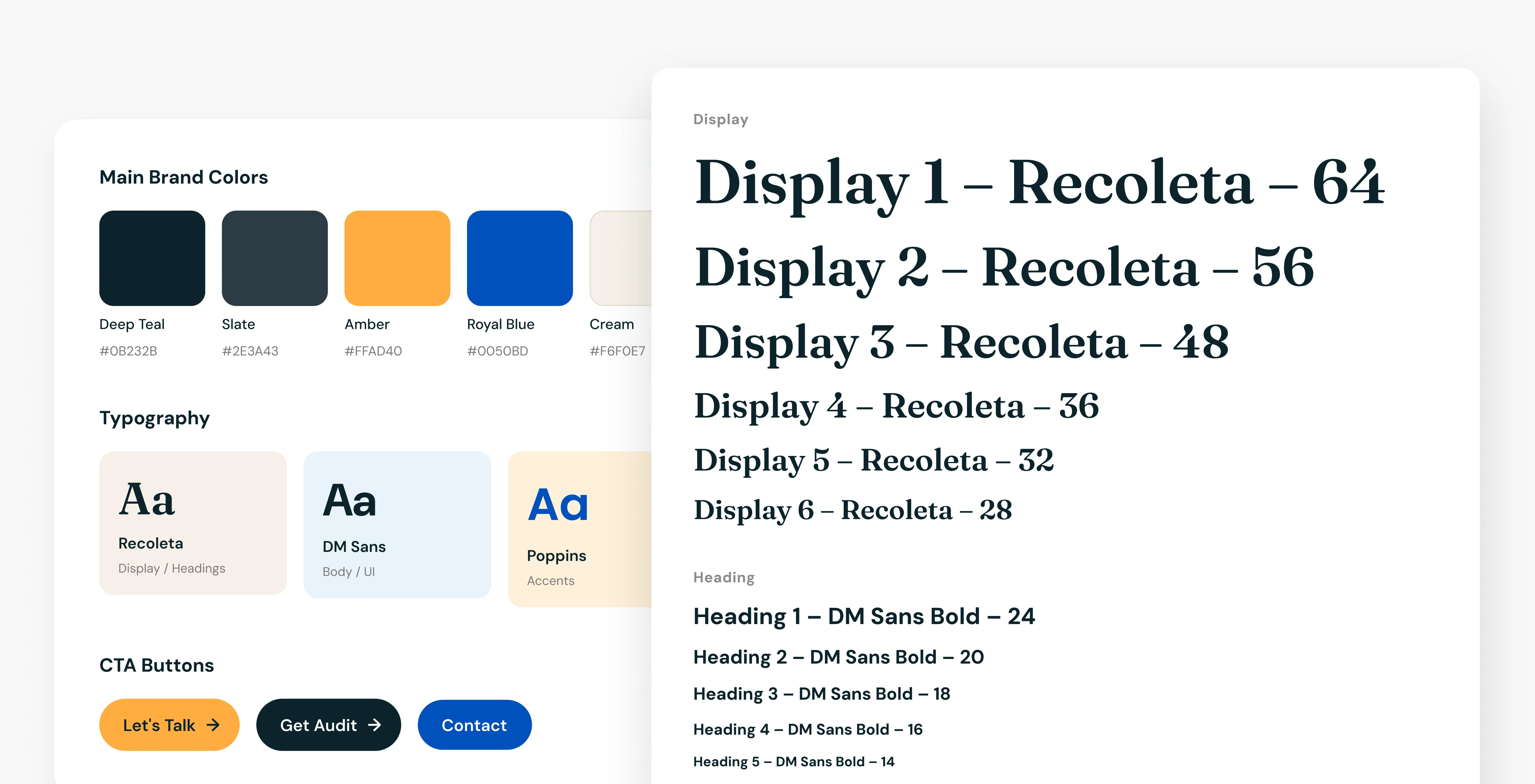 The PPC Legends style guide with a deep teal, slate, amber, royal blue and cream palette, Recoleta, DM Sans and Poppins type and CTA buttons