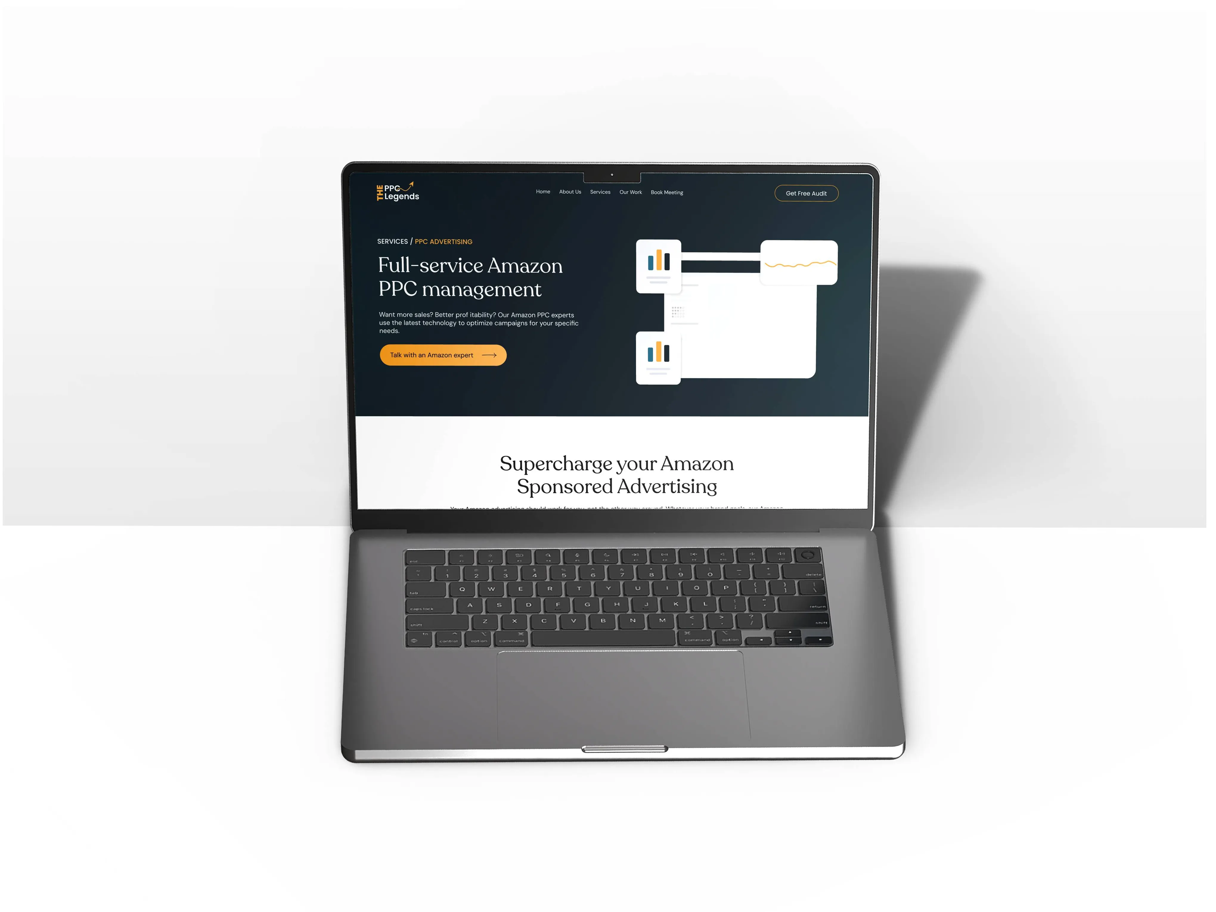 Laptop showing The PPC Legends Full-service Amazon PPC management service page