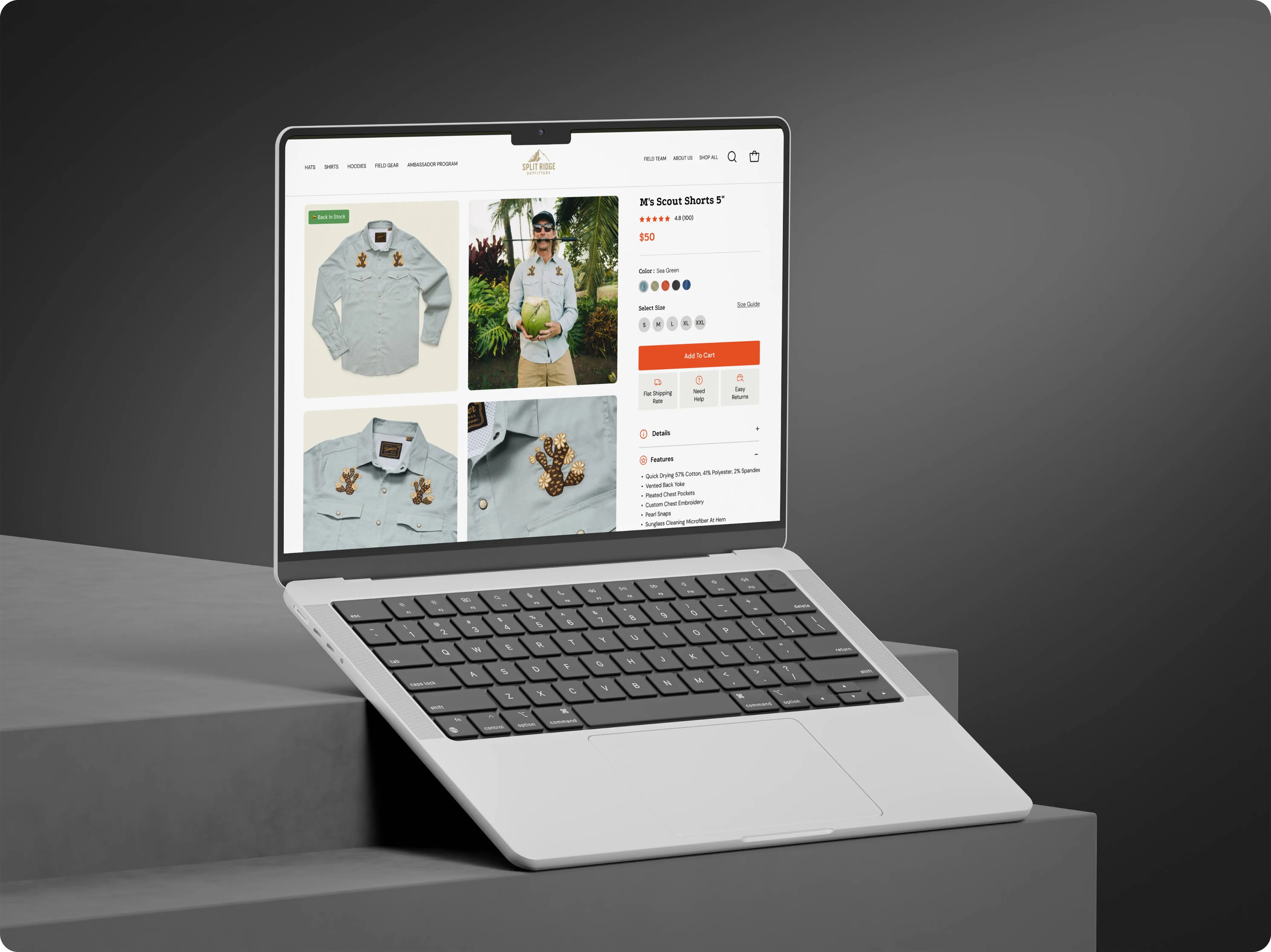 Laptop showing a Split Ridge Outfitters product page with lifestyle photos, colour and size options and an add to cart button