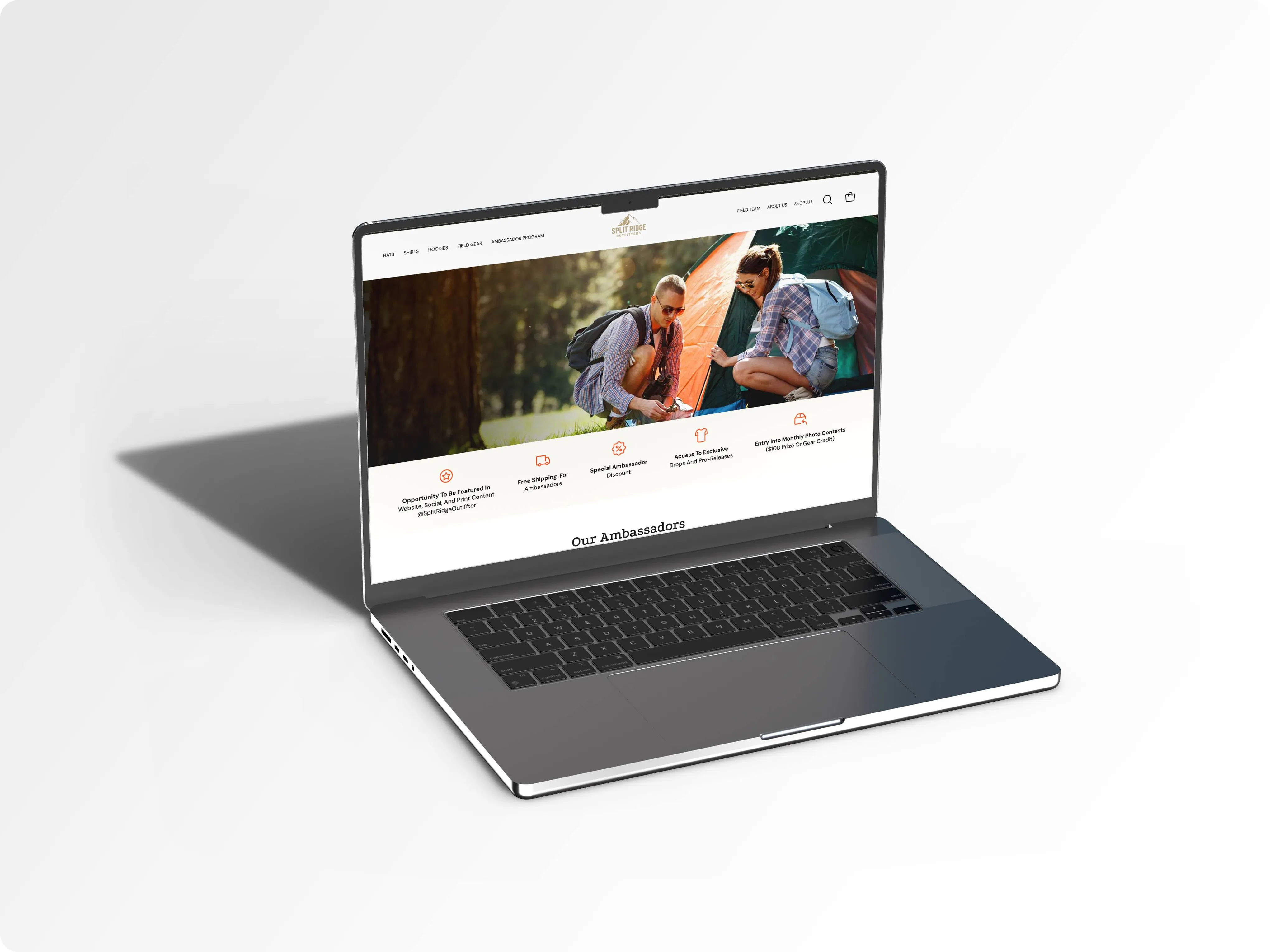 Laptop showing the Split Ridge Outfitters ambassador program page with campers and a row of member perks