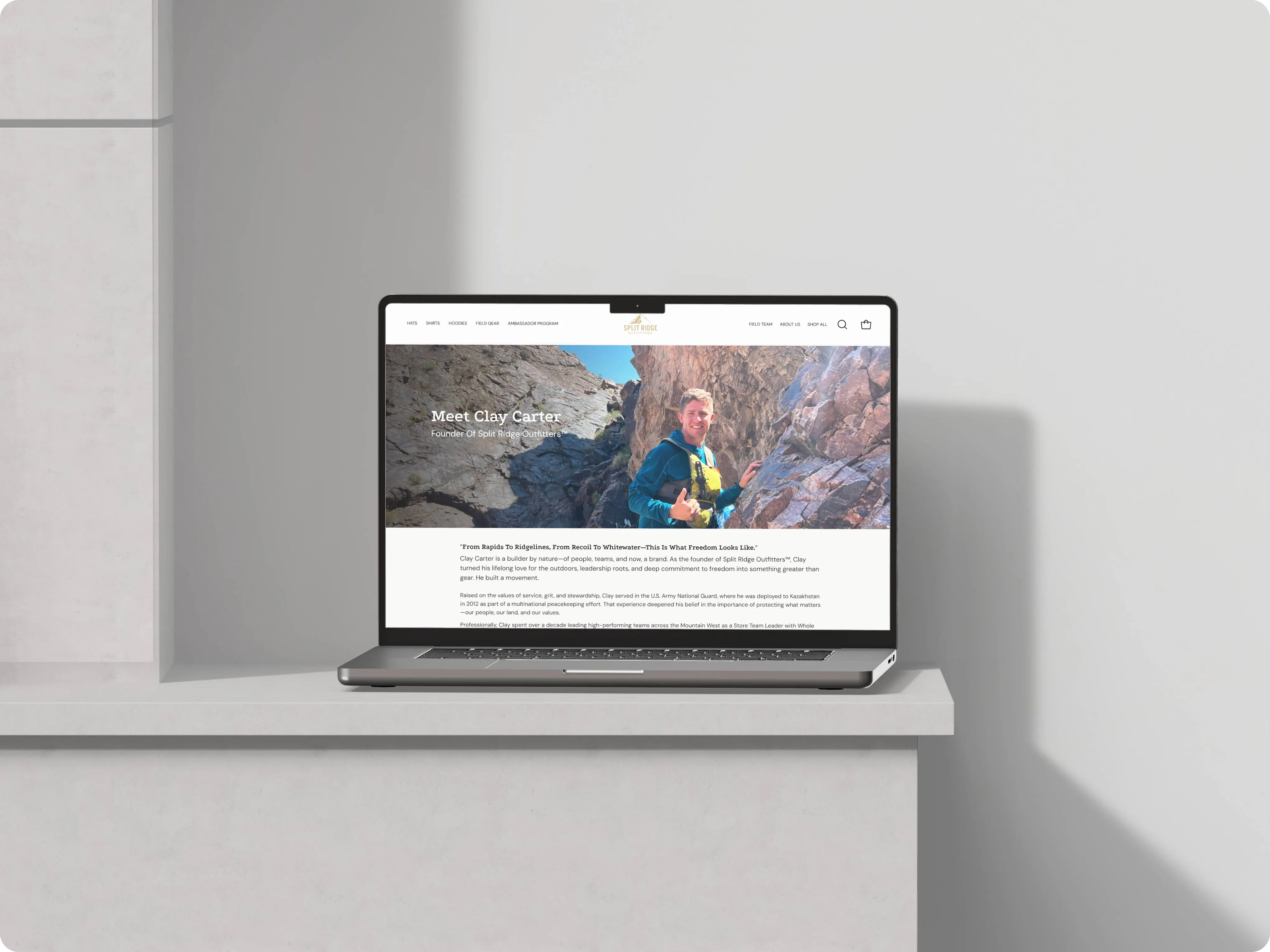 Laptop showing the Split Ridge Outfitters Meet Clay Carter ambassador profile page