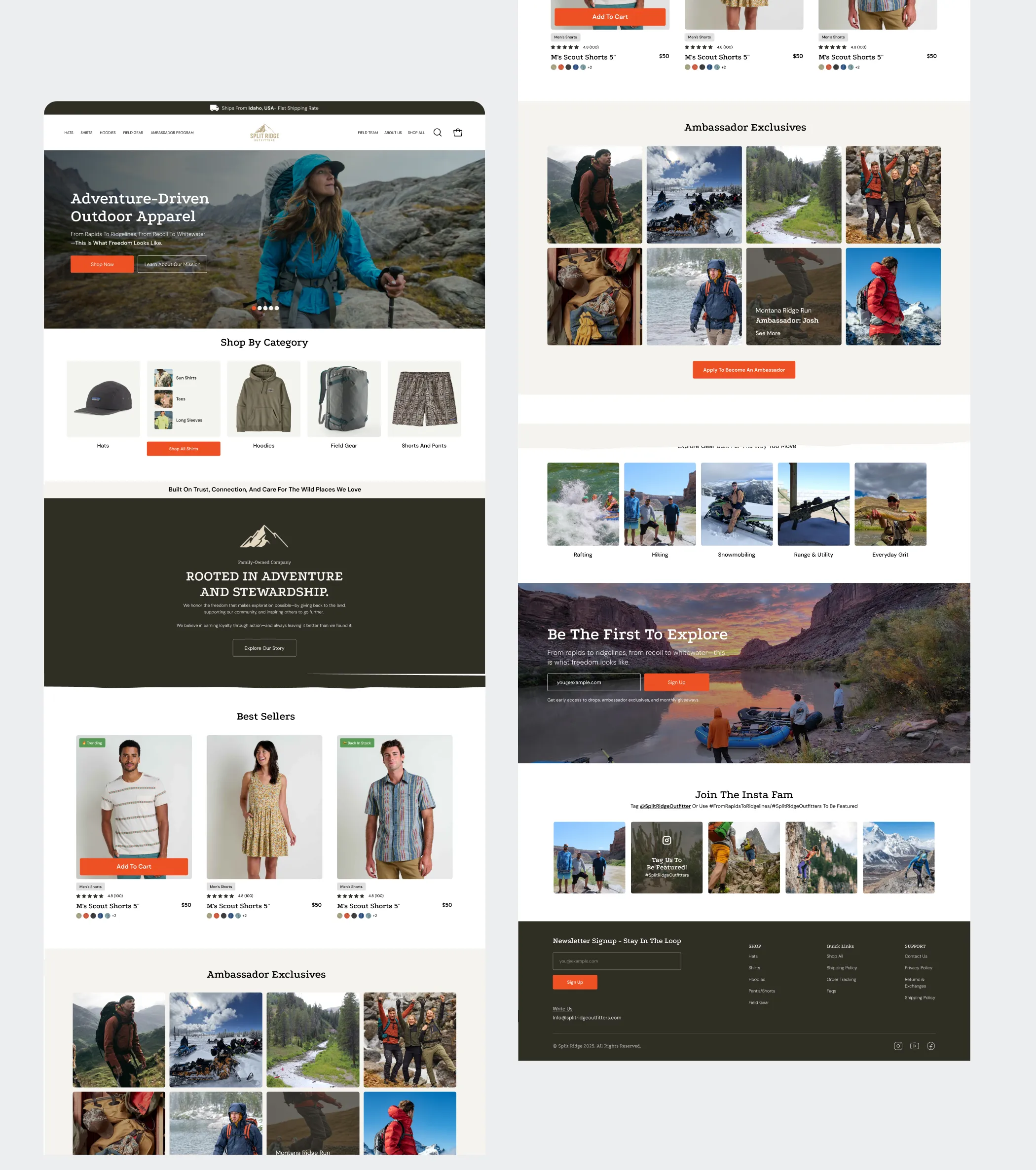 Full Split Ridge Outfitters homepage design with hero, shop by category, best sellers, ambassador exclusives, newsletter signup and footer