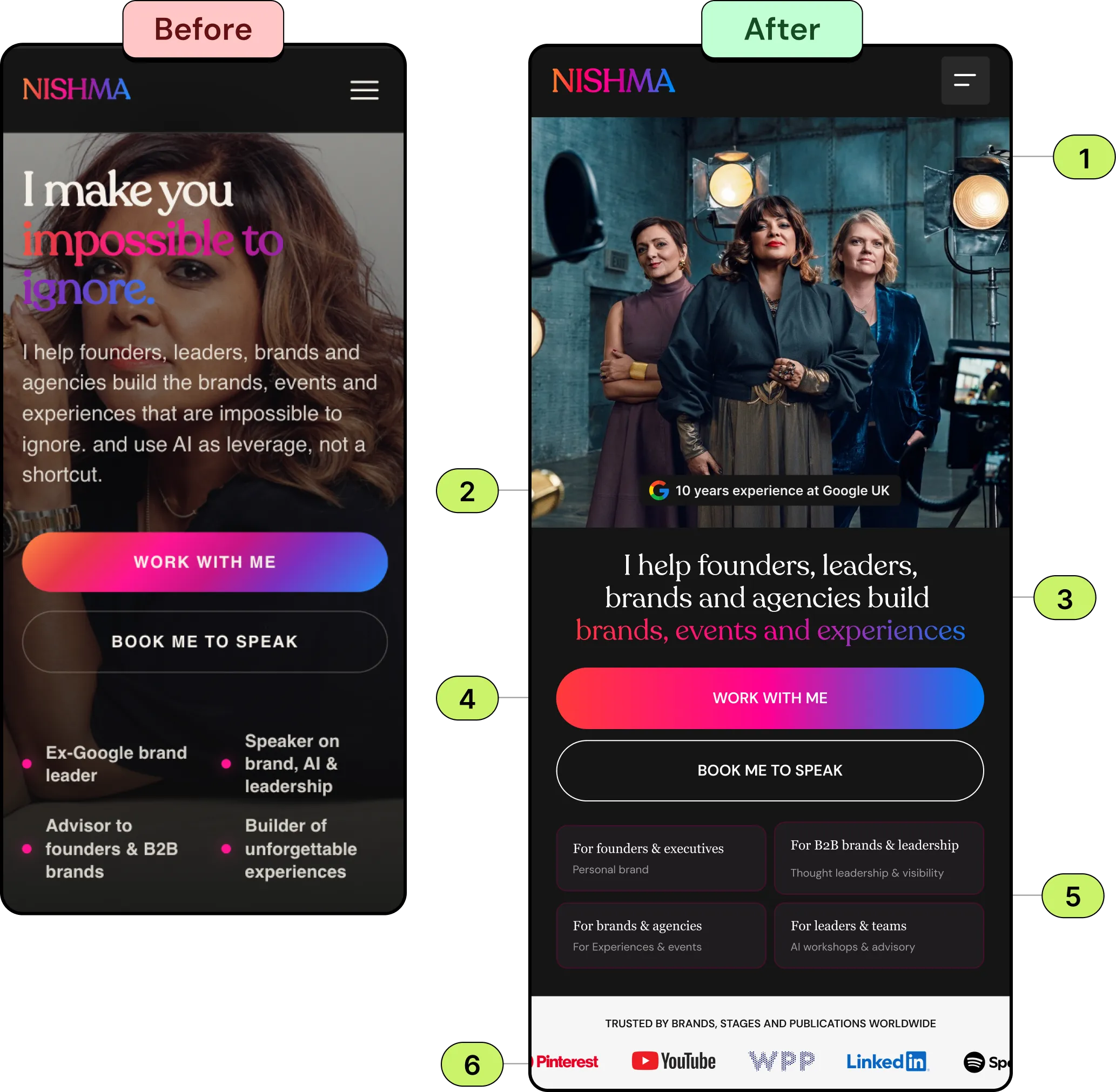 Before and after mobile homepage for Nishma: the original close-up portrait hero with an I make you impossible to ignore headline, and the redesign with a studio group photo, a 10 years experience at Google UK badge, a clear value headline, full-width CTAs, service cards and brand logos.
