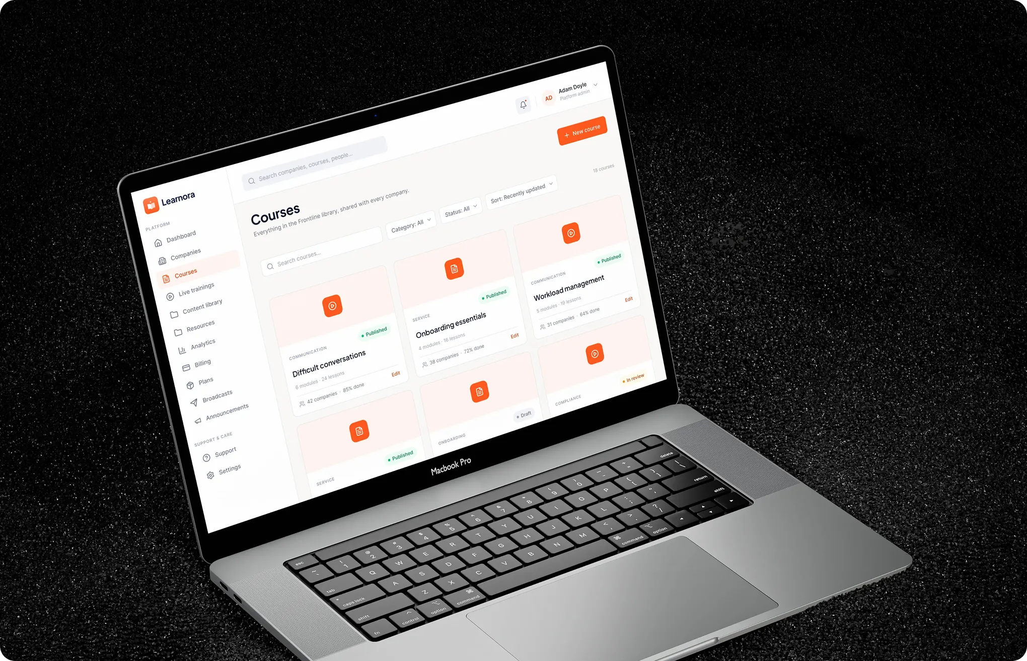Learnora course library on a laptop with category and status filters and course cards for Difficult conversations, Onboarding essentials and Workload management.