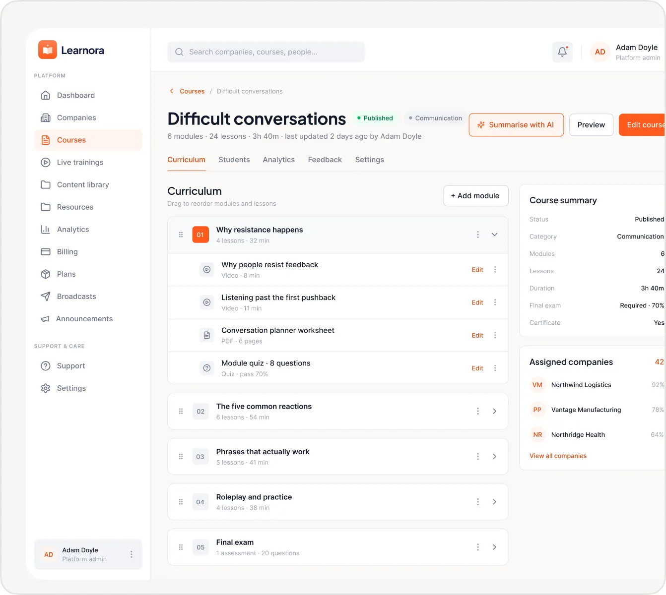 Learnora course page for Difficult conversations showing a curriculum of five modules with video, PDF and quiz lessons, a course summary and the companies assigned to it.