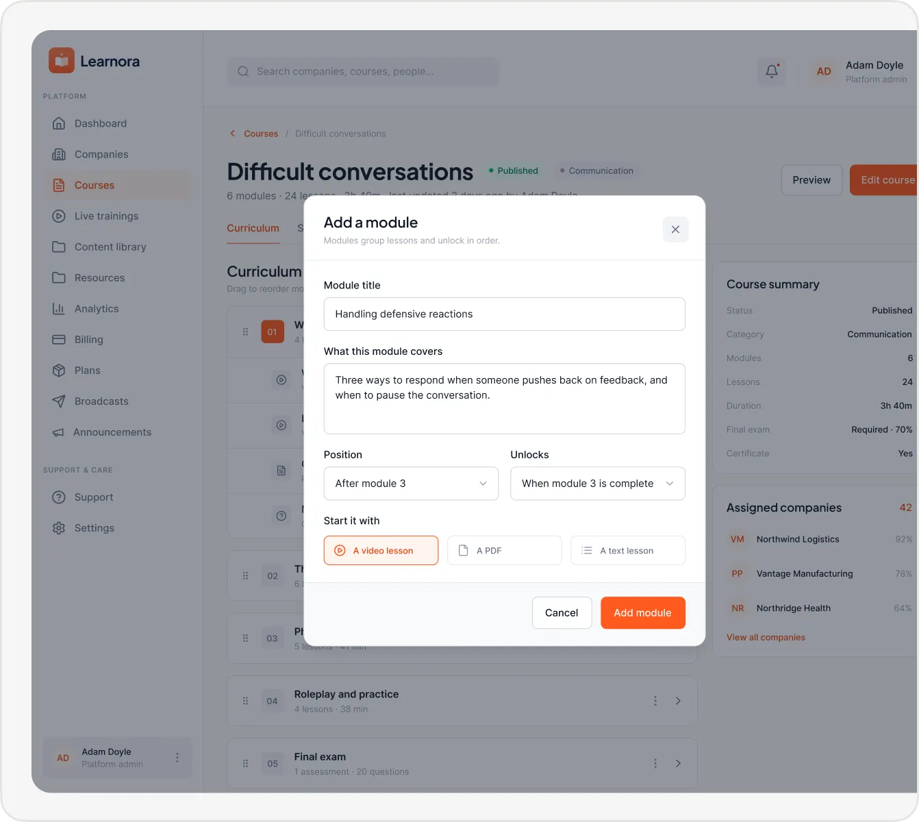 Learnora Add a module dialog with a module title, description, position and unlock rule, and a choice to start with a video lesson, a PDF or a text lesson.