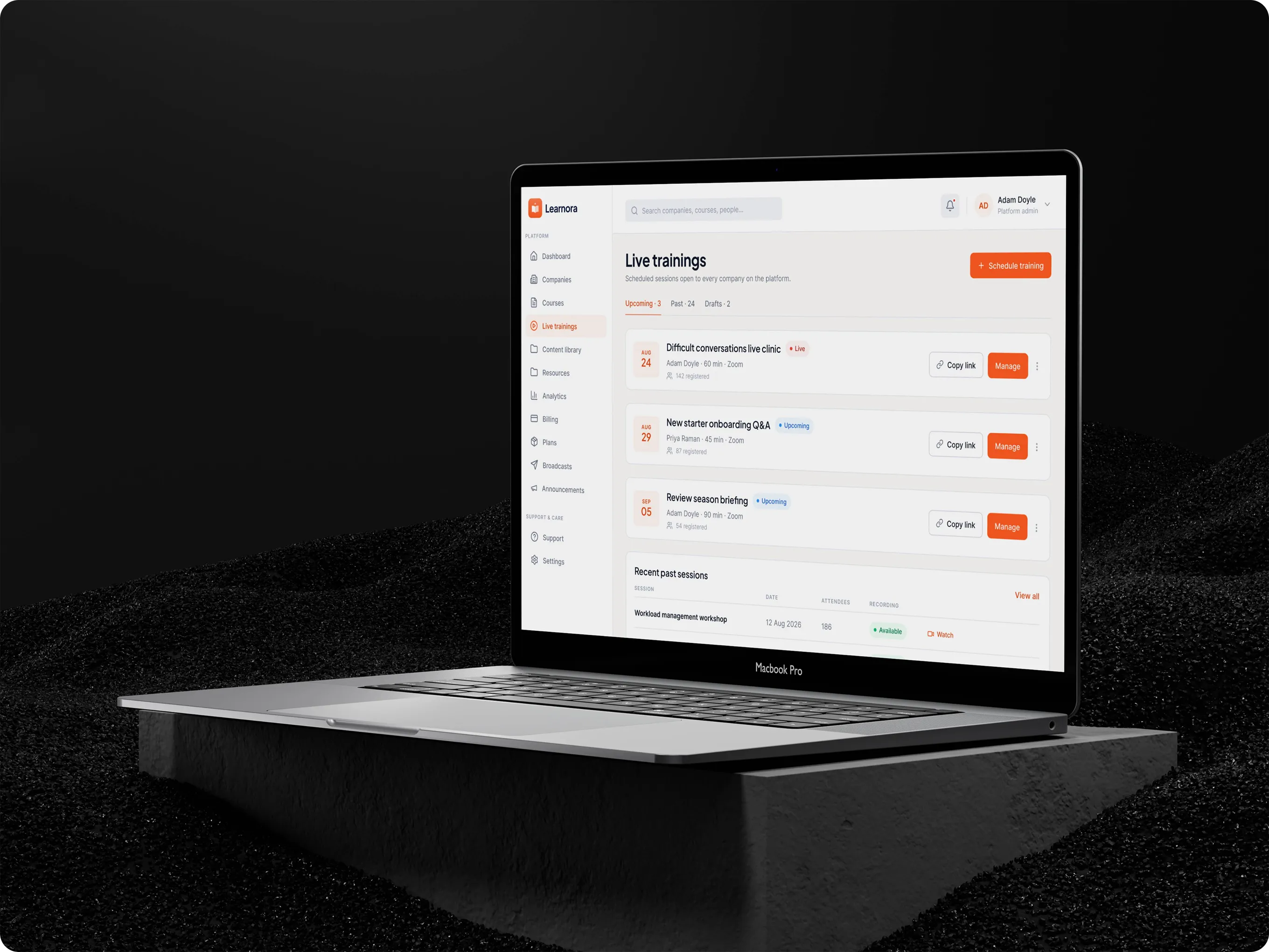 Learnora live trainings screen on a laptop listing upcoming sessions with their date, host, length and registrations, copy link and manage buttons, and recent past sessions with recordings.