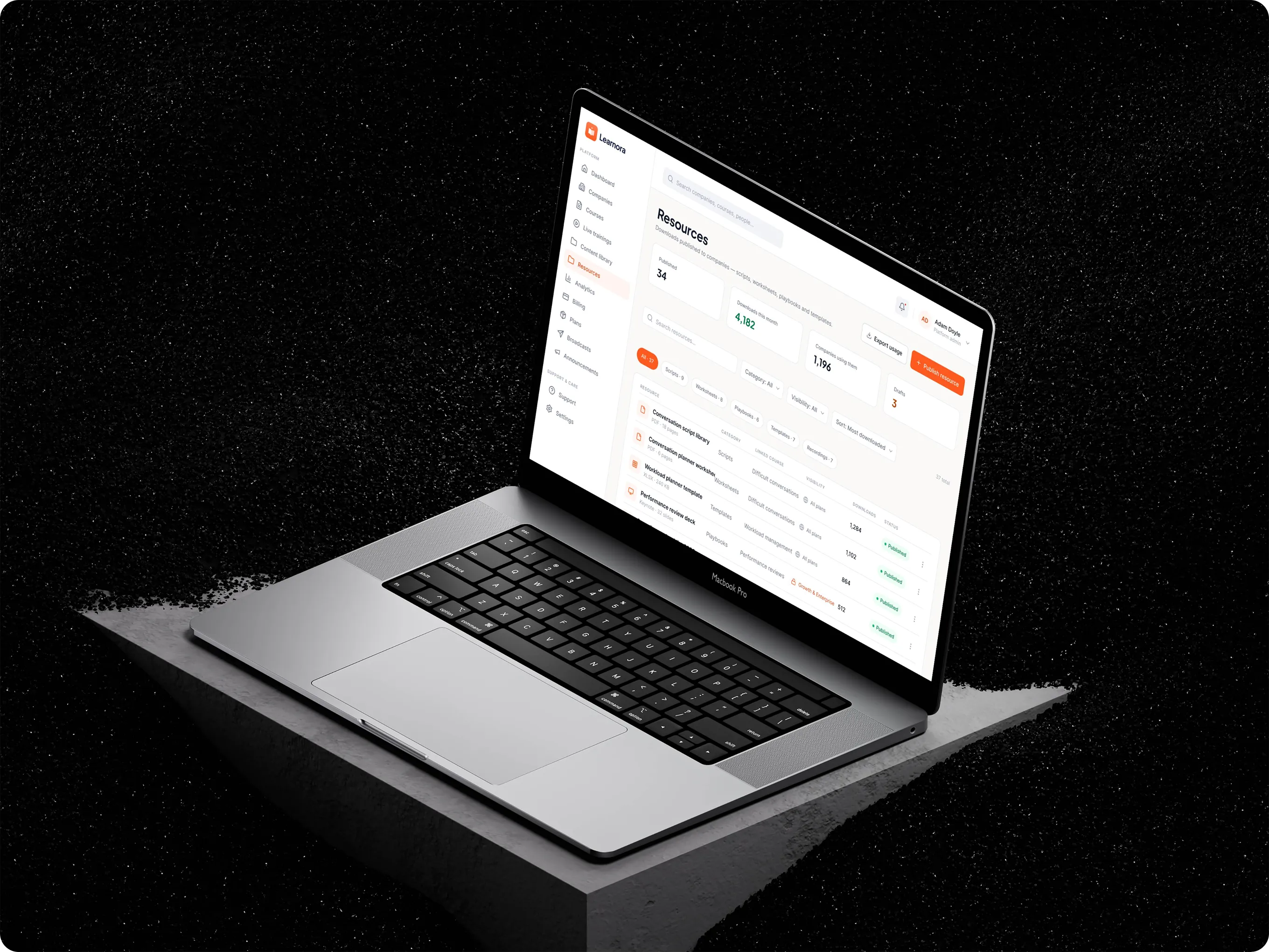 Learnora resources screen on a laptop with counts for published resources, downloads this month and companies using them above a list of scripts, worksheets, templates and playbooks.