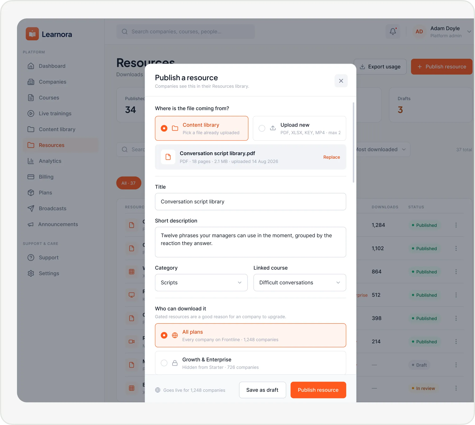 Learnora Publish a resource dialog choosing a file from the content library, with a title, short description, category, linked course and which plans can download it.