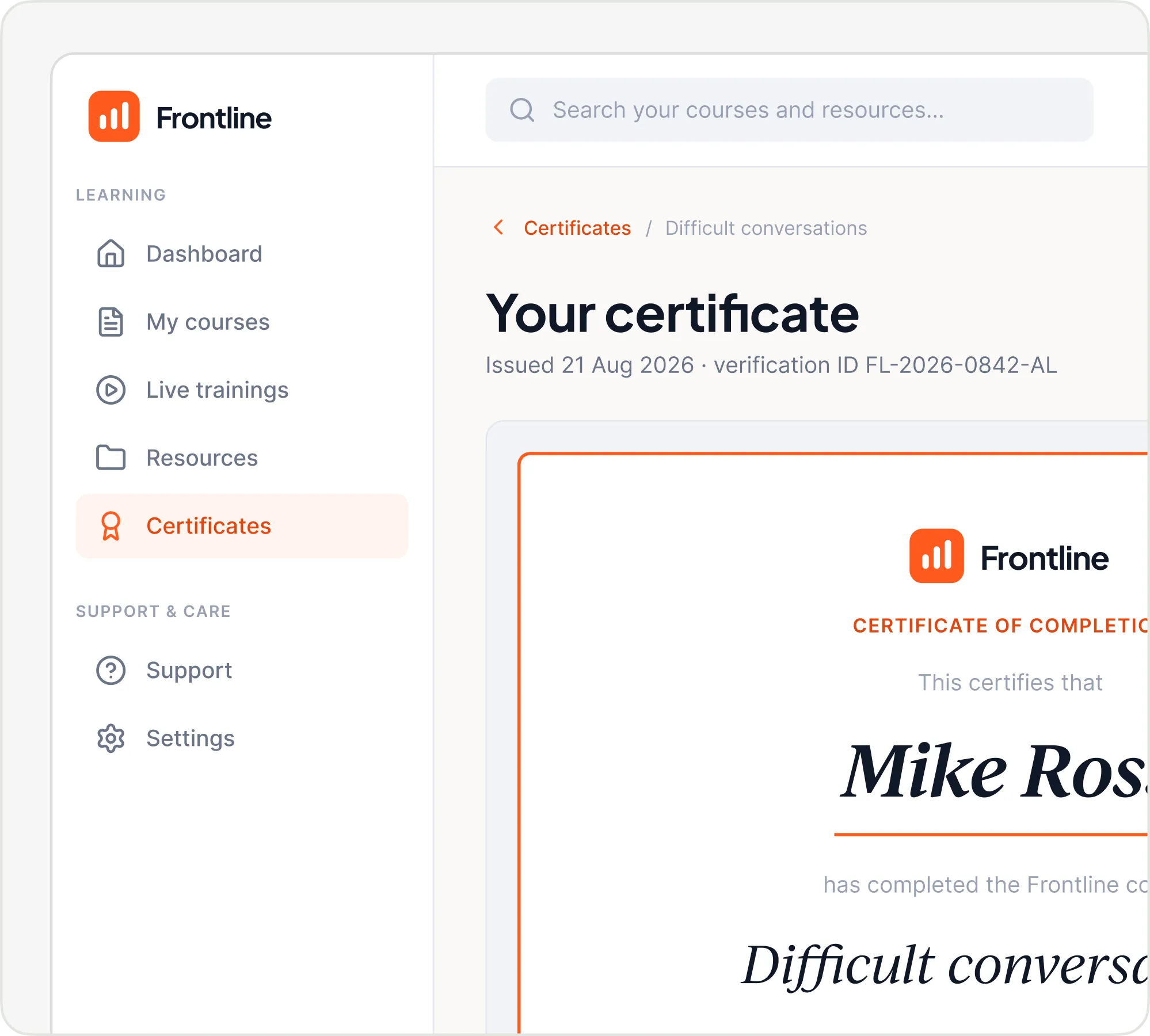 Learner certificate page under the training business's own Frontline branding, showing a certificate of completion for Difficult conversations with its issue date and verification ID.