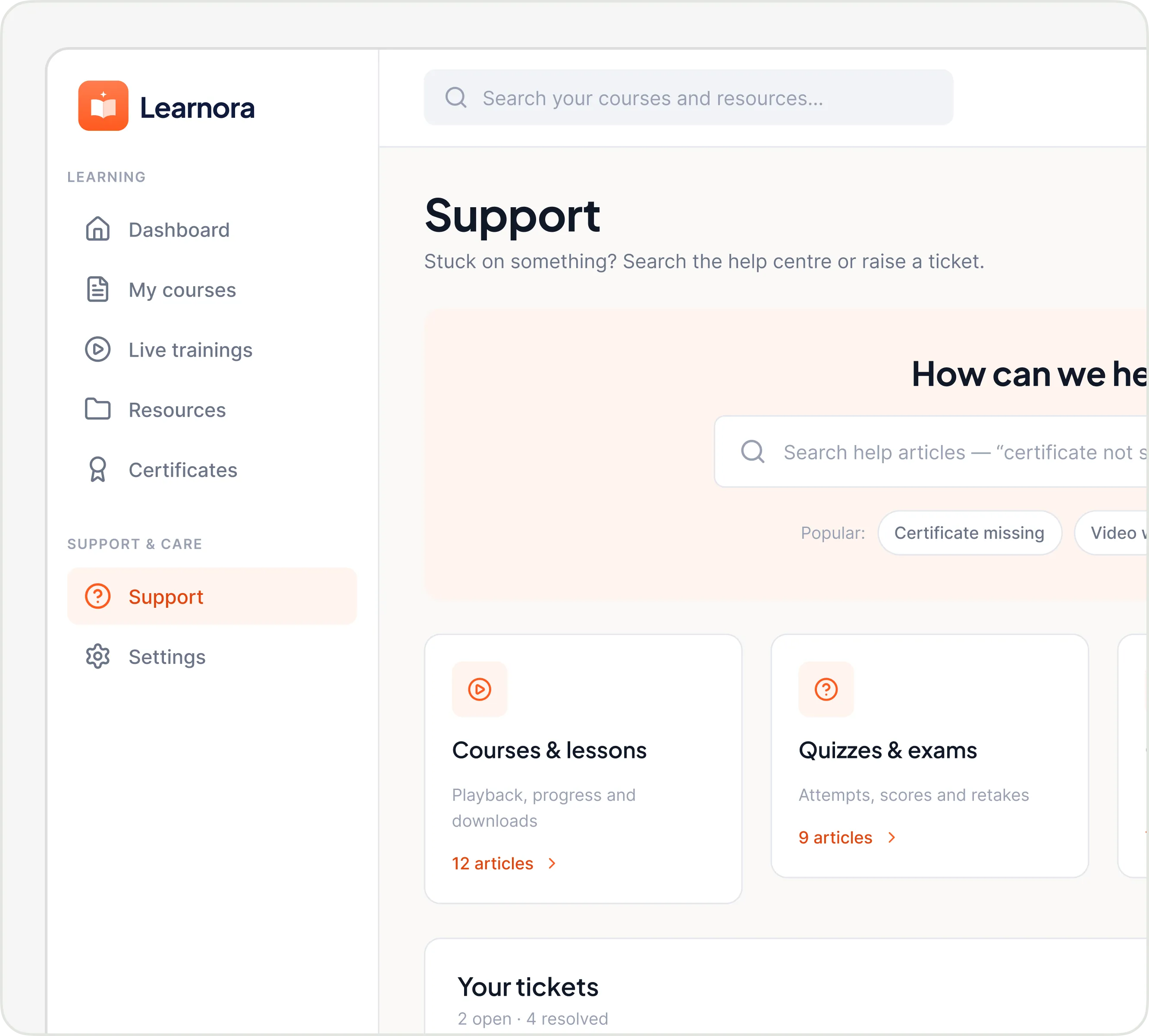 Learnora learner support page with a help centre search, popular topics, article categories for courses, lessons, quizzes and exams, and the learner's own tickets.