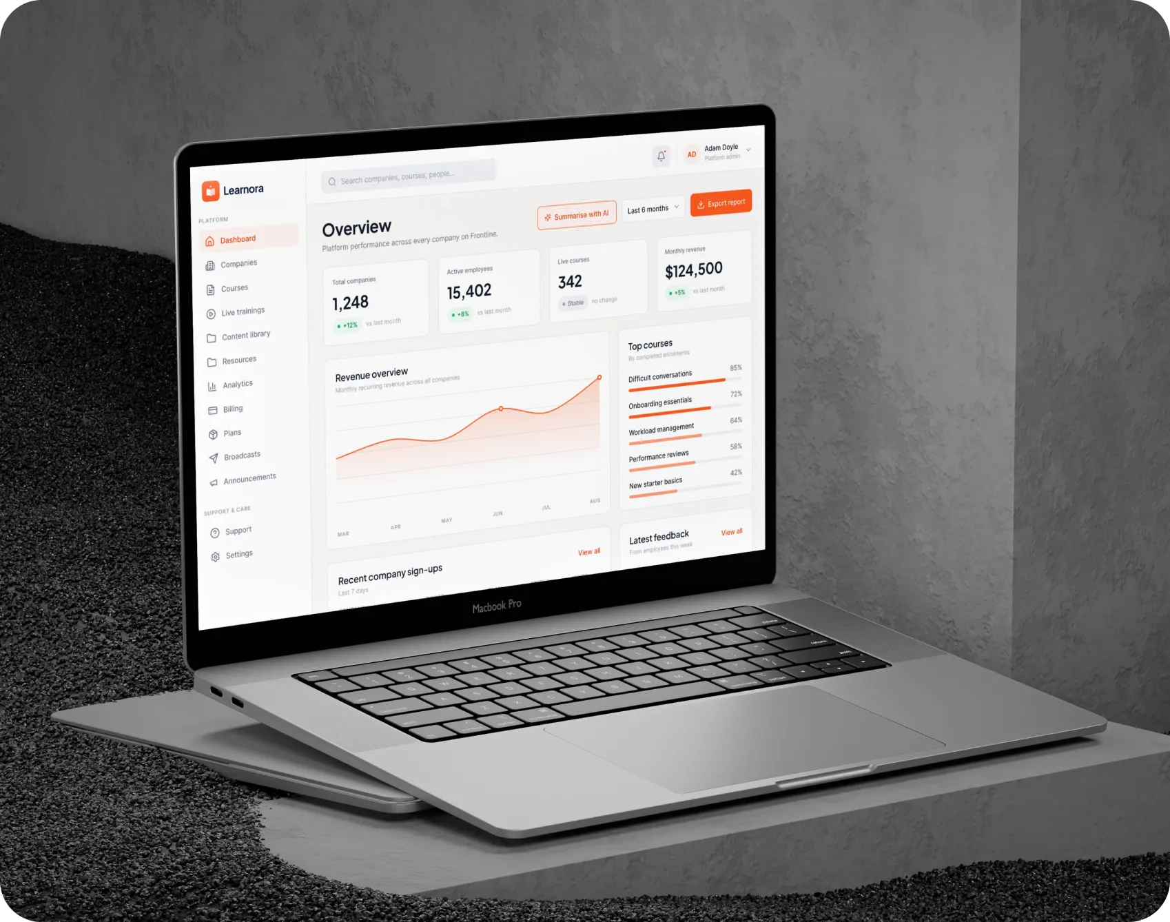 Learnora training platform overview dashboard with revenue chart, top courses, and recent company sign-ups on a laptop