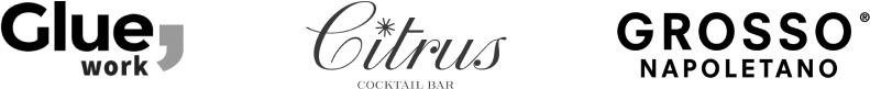 Logos of Glue Work, Citrus Cocktail Bar, and Grosso Napoletano.