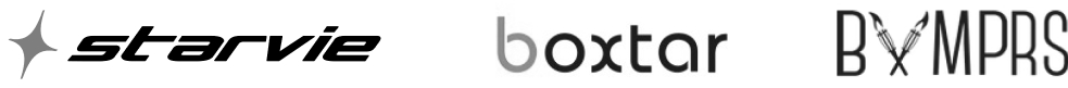 Logos of the brands Starvie with a star icon, Boxtar with stylized text, and BXMPRS with two arrows crossing in the center.