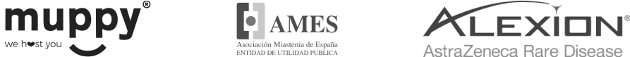 Logos of Muppy, AMES Asociación Miastenia de España, and Alexion AstraZeneca Rare Disease.