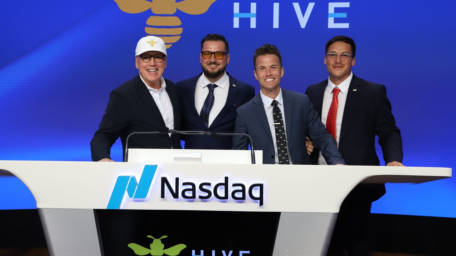 Simply Bitcoin team at the Nasdaq podium for the HIVE launch