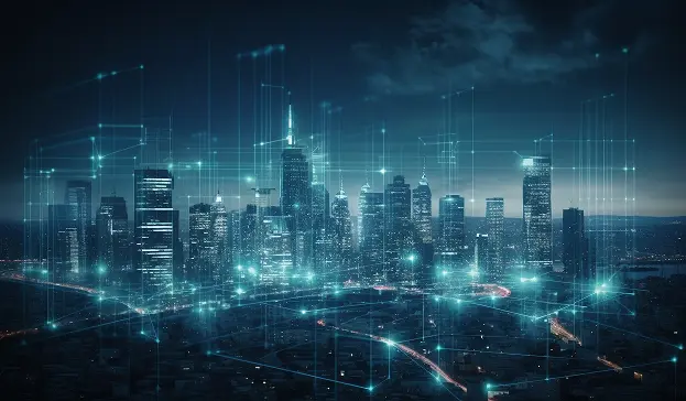 Night city skyline with skyscrapers overlaid by glowing digital network lines symbolizing smart city technology.
