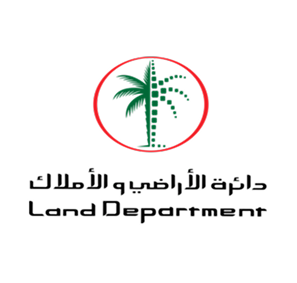 Logo of Land Department featuring a green palm tree inside a red circle with Arabic and English text below.