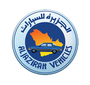 Logo of Aljazirah Vehicles featuring a blue sedan car over an orange map of Saudi Arabia inside a blue circular border with Arabic and English text.