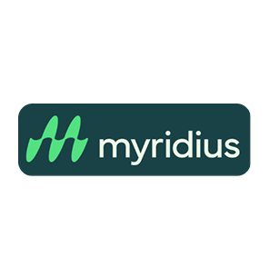 Myridius company logo with stylized green 'm' and white text on dark teal background.