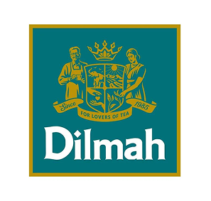 Dilmah tea brand logo featuring a shield with tea-related illustrations and two people holding it.