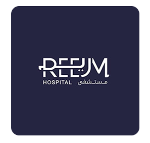 Logo of ReefjM Hospital with Arabic text on a dark blue background.