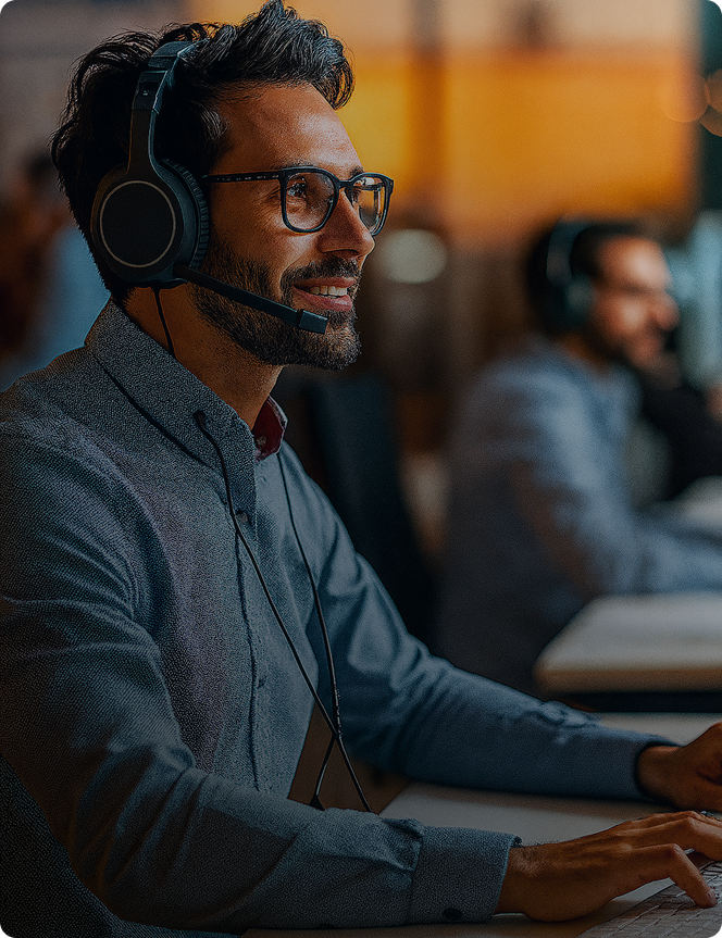 Smiling man wearing glasses and a headset, working at a computer in a modern office setting.