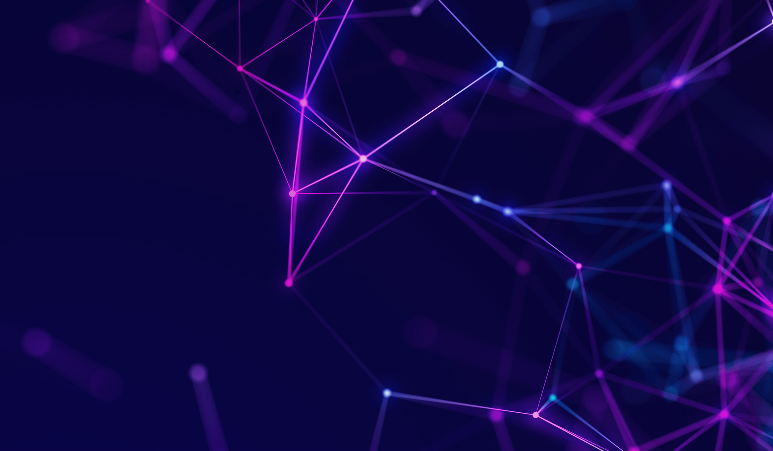 Abstract network of glowing purple and blue nodes connected by lines on a dark background.