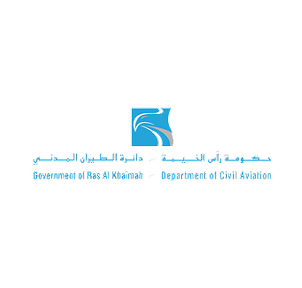 Logo of Government of Ras Al Khaimah Department of Civil Aviation featuring stylized bird and airplane shapes in blue and grey.