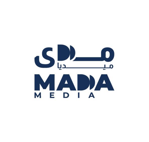 Mada Media logo with stylized Arabic and English text in dark blue on a black background.