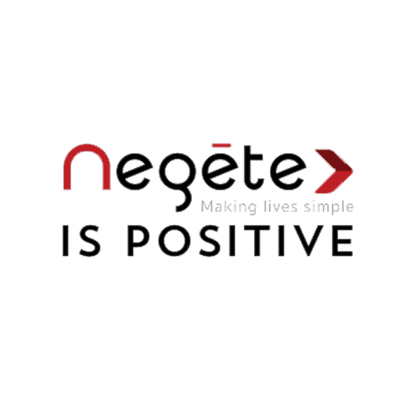 Logo with stylized text 'negēte' in black and red, accompanied by the phrases 'Making lives simple' and 'IS POSITIVE'.