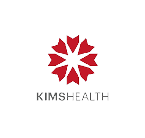 KIMSHEALTH logo with a circular arrangement of eight red shapes resembling an abstract flower or star.