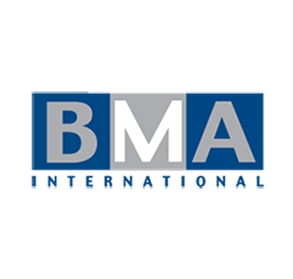 BMA International logo with letters B and A in grey boxes and M in a white box on a blue background, with the word INTERNATIONAL below in blue.