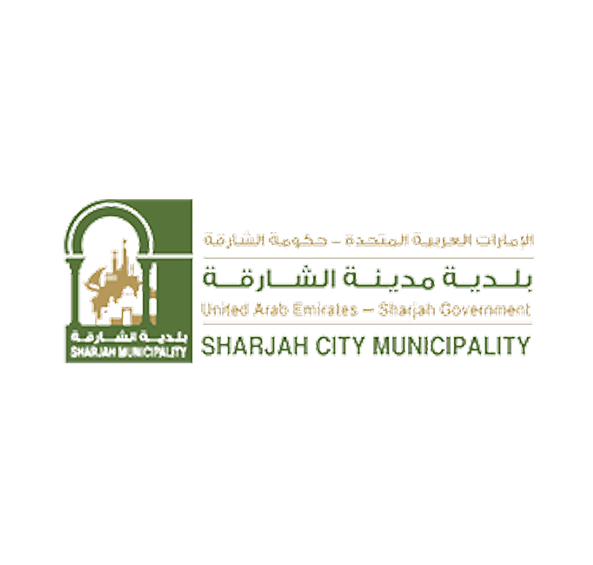 Logo of Sharjah City Municipality featuring stylized green and gold architecture with Arabic and English text.