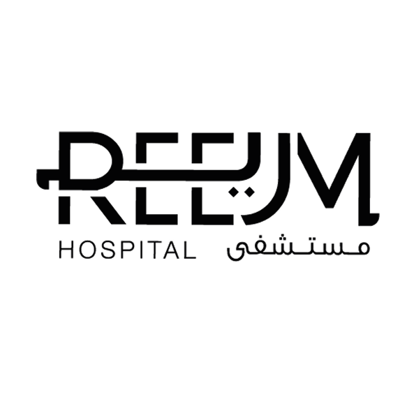 Reem Hospital logo with the word Reem stylized in English and Arabic and 'Hospital' written below.