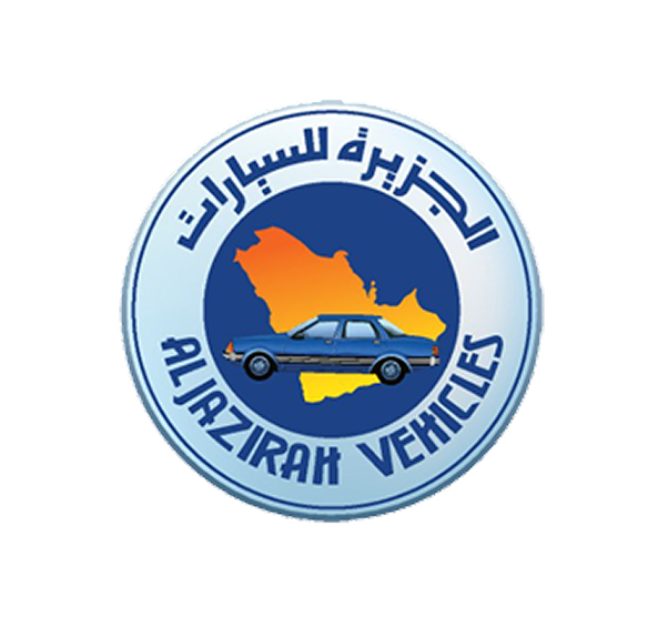 Logo of Al Jazirah Vehicles featuring a blue sedan car over a stylized map of Saudi Arabia in orange and yellow within a blue circle on a light blue background with the name in Arabic and English.