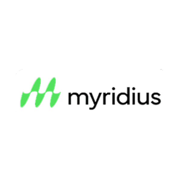 Myridius company logo with stylized green double 'M' symbol.