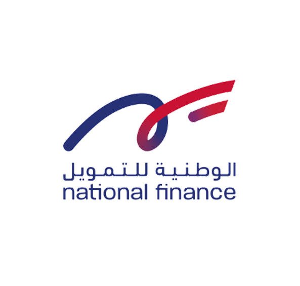 Logo of National Finance featuring Arabic text above English text with a stylized blue and red swoosh design.