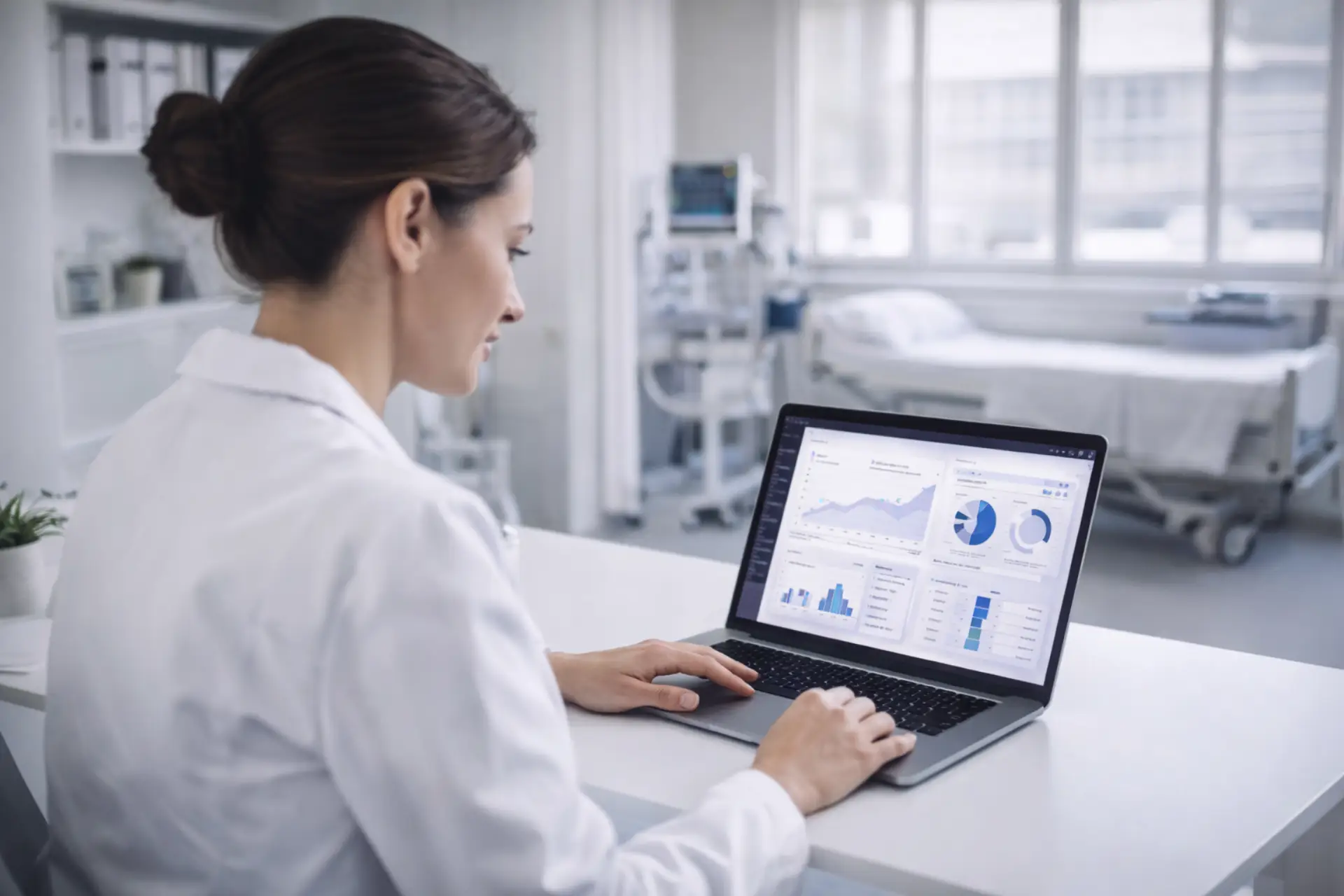 Healthcare administrator using a laptop dashboard in a clean modern medical office