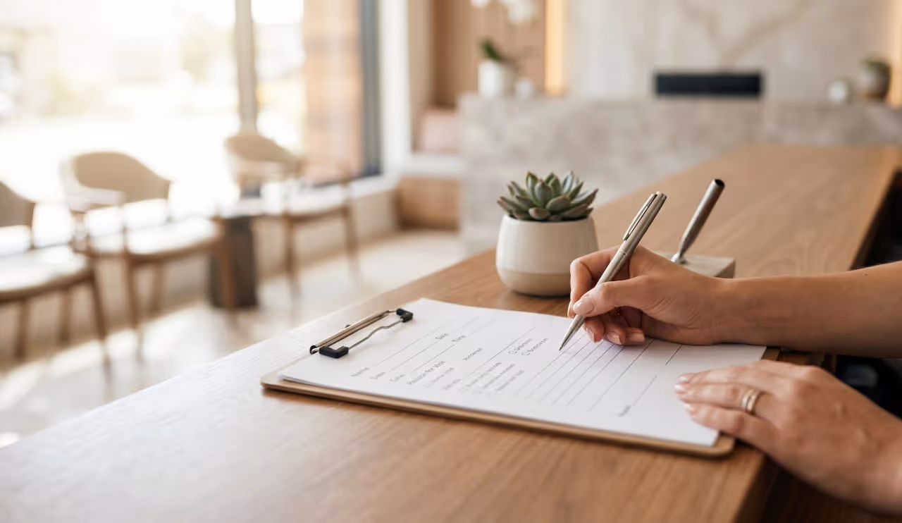 Patient filling out appointment form on clipboard