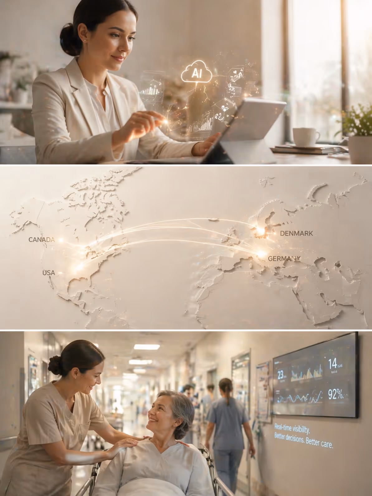 Composite image showing a woman using a tablet with AI graphics, a world map highlighting connections between USA, Canada, Denmark, and Germany, and a nurse attending a smiling elderly patient in a wheelchair in a hospital corridor.