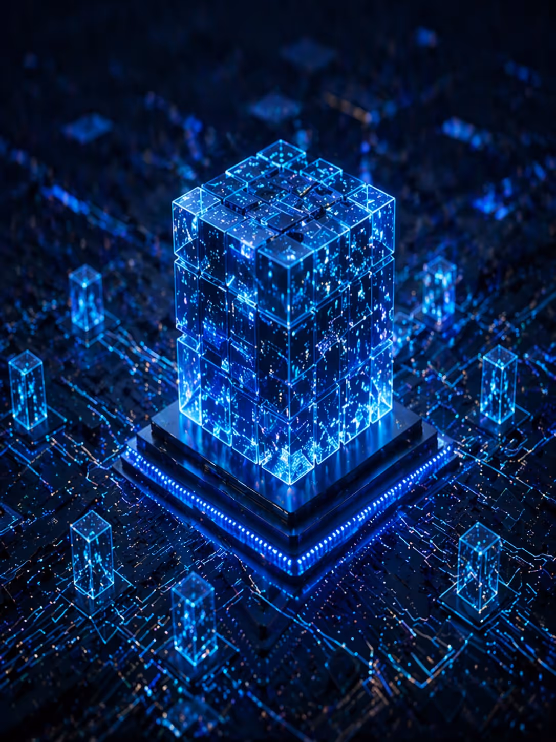 Glowing blue digital cube composed of smaller translucent cubes on a circuit-like platform with connected smaller cubes surrounding it.