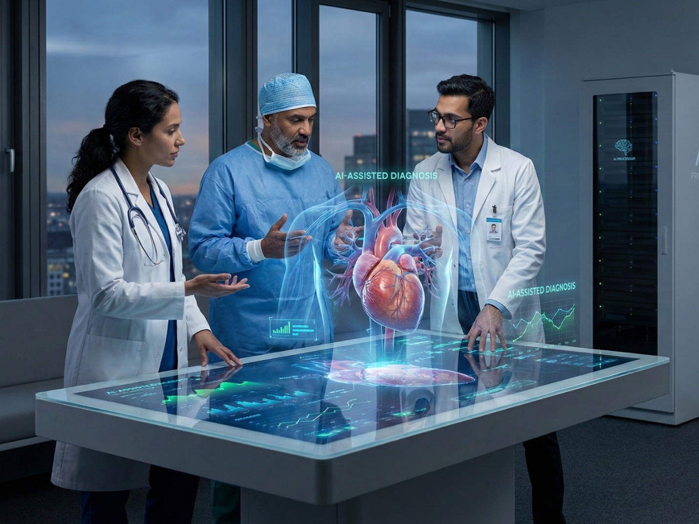 Medical professionals examining a 3D holographic heart on a futuristic AI-assisted diagnosis table.