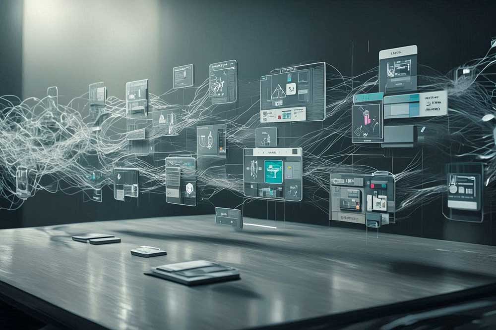 Floating digital screens connected by chaotic white data streams hovering over a desk.