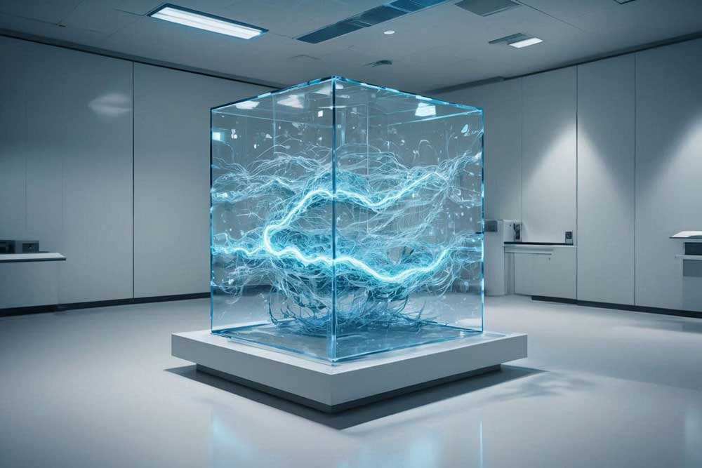  A glass cube in a sterile lab containing swirling blue energy resembling a neural network.