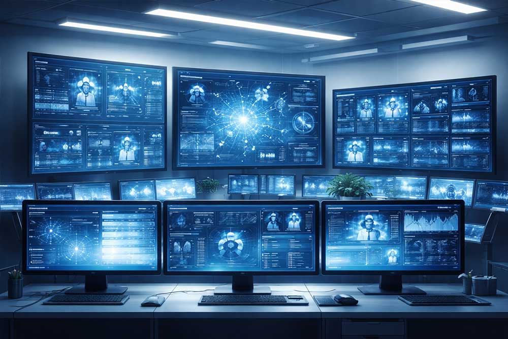 A wide modern clinical monitoring room where a transparent AI interface displays predictive alerts