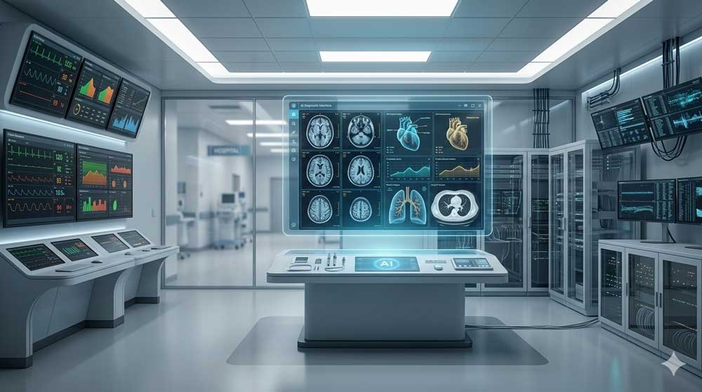 A wide hospital control room with multiple digital screens displaying electronic health records